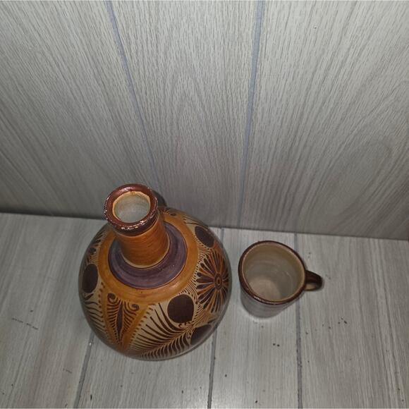 Vtg Tonala Mexican Pottery Bedside Water Pitcher W/Cup Handmade Botellon Vase - Picture 6 of 8